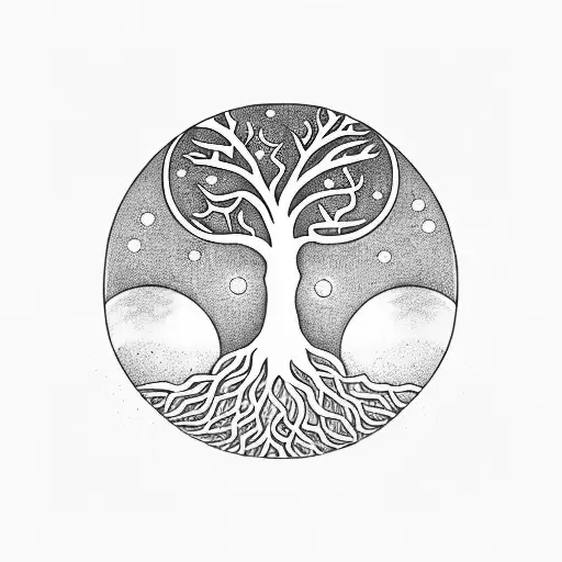 Tree of Life, as above so below, moon, sun, tarot, tree with leafs on top, tree without leaves mirrored under tattoo design idea