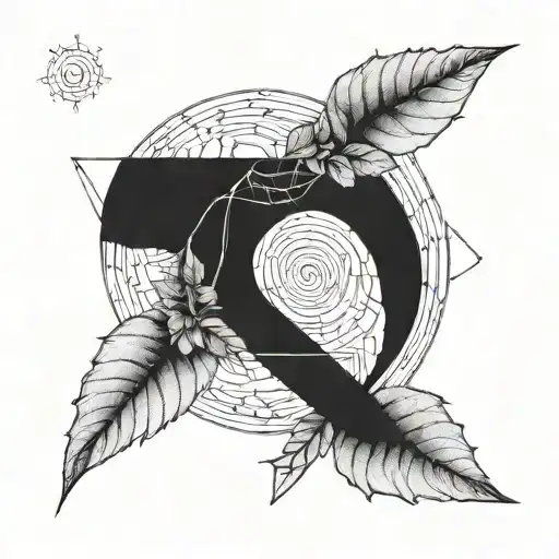 A geometric representation of the Fibonacci sequence intertwined with elements of nature such as leaves and branches tattoo design idea