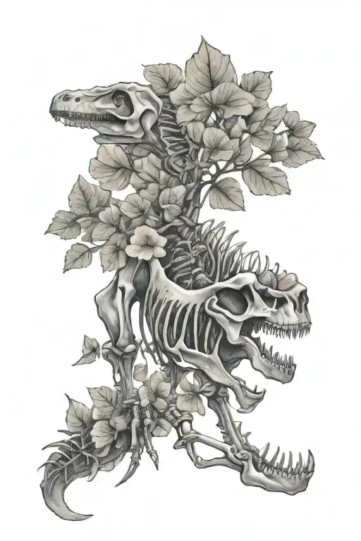 dinosaur Skeleton with ginkgo tattoo design idea