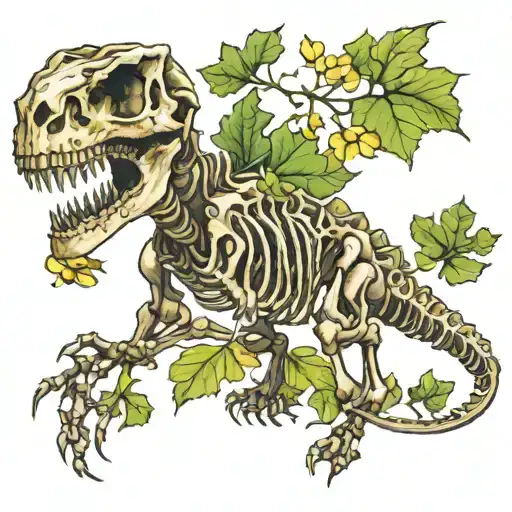 Dinosaur Skeleton with ginkgo leaves tattoo design idea