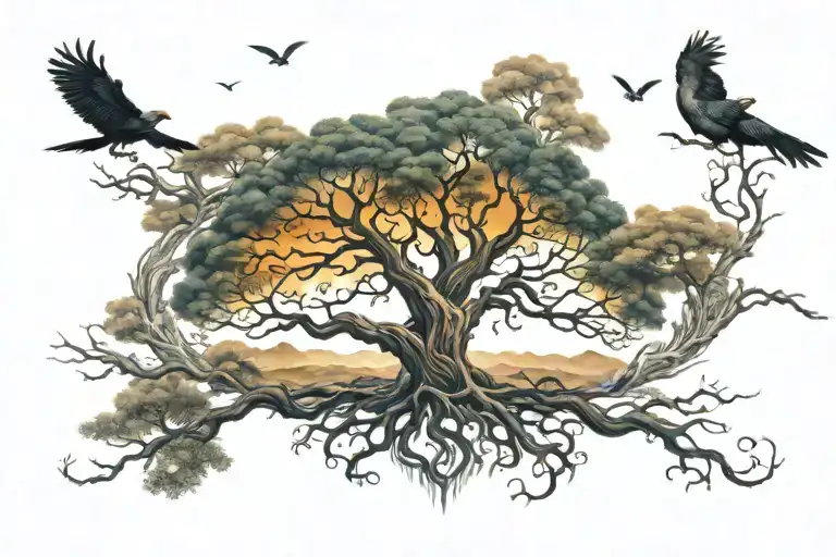 A mystical tree of life symbolizing the journey of life and immortality tattoo design idea