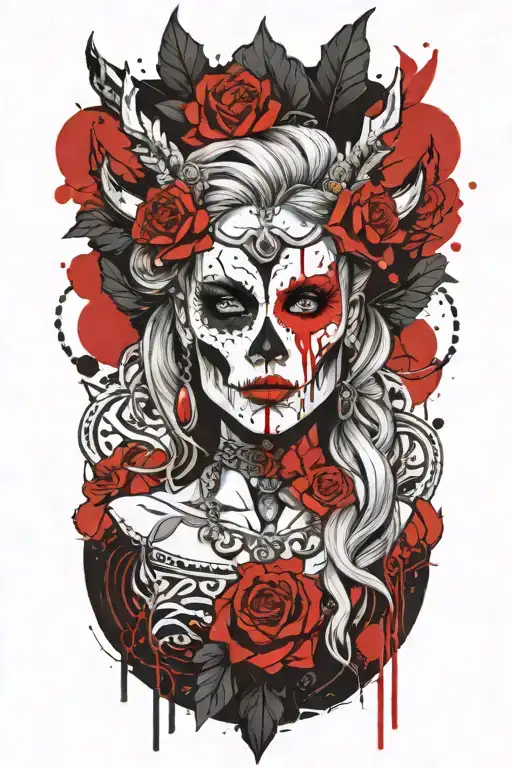 Norse goddess hella portrait half skull face  tattoo design idea