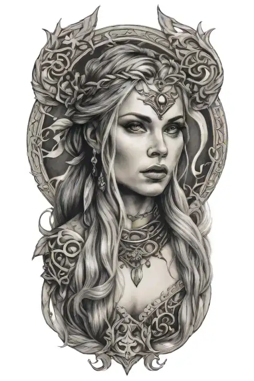 Norse goddess hella portrait looking tattoo design idea