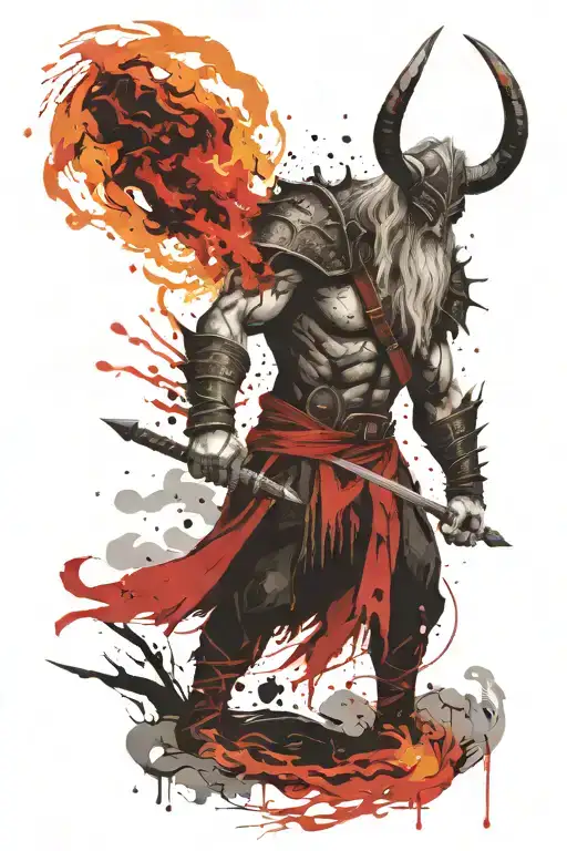 Norse fire giant with flaming sword tattoo design idea