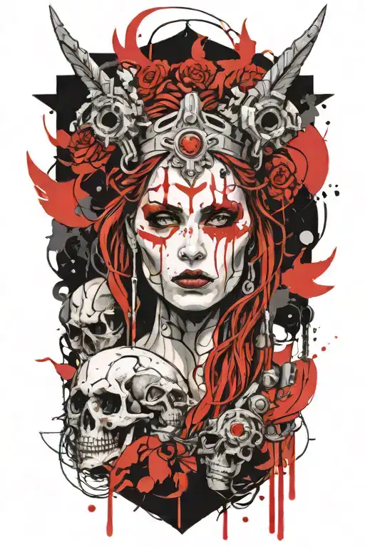 Norse goddess hella portrait looking half skull face tattoo design idea