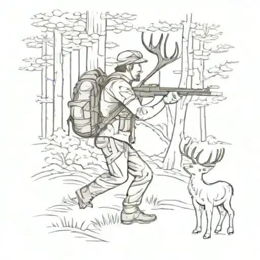 A sketch style tattoo of a hunter hiking through a forest with a rifle slung over their shoulder, showcasing the client's love for deer hunting and outdoor adventures tattoo design idea