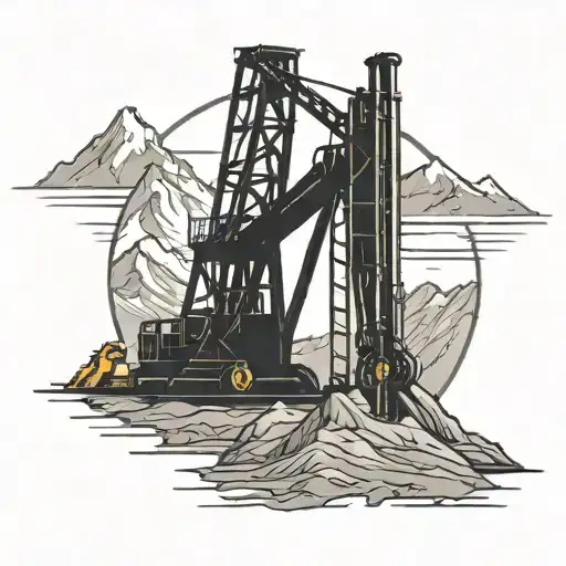 A silhouette of a well driller working on a drilling rig with mountains in the background tattoo design idea
