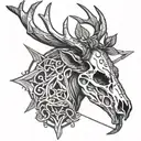 A deer skull with antlers intertwined with a bow and arrow tattoo design idea