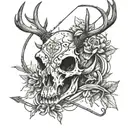 A deer skull with antlers intertwined with a bow and arrow tattoo design idea