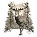 A majestic whitetail deer standing in a forest with a turkey flying overhead tattoo design idea