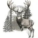 A majestic whitetail deer standing in a forest with a turkey flying overhead tattoo design idea