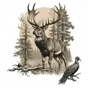 A majestic whitetail deer standing in a forest with a turkey flying overhead tattoo design idea
