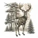 A majestic whitetail deer standing in a forest with a turkey flying overhead tattoo design idea