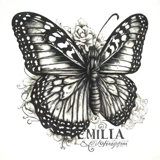 Monarch butterfly emerging with the name Emilia under it tattoo design idea