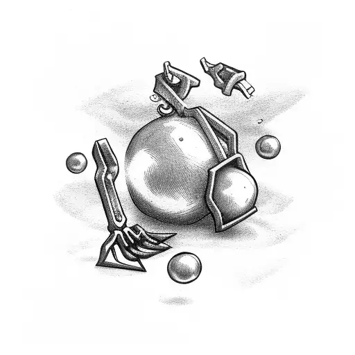 chest with 1 arm having an shovel and 1 arm holding an ball tattoo design idea