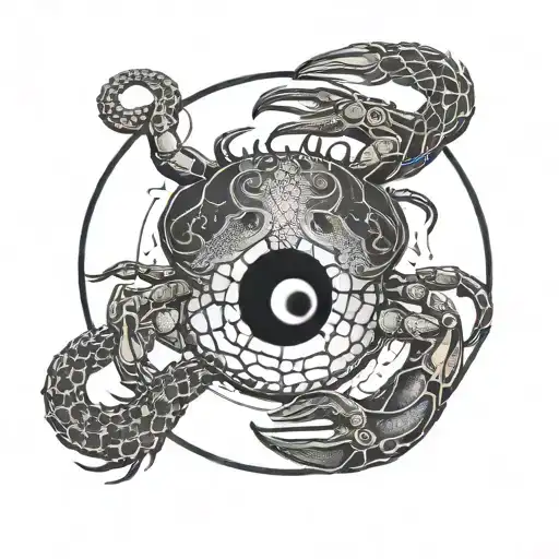 a broken full moon merged with a Yin Yang symbol, a crab fighting two snakes with exposed bones,  waves below.  tattoo design idea