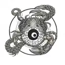 a broken full moon merged with a Yin Yang symbol, a crab fighting two snakes with exposed bones,  waves below.  tattoo design idea