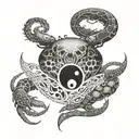 a broken full moon merged with a Yin Yang symbol, a crab fighting two snakes with exposed bones,  waves below.  tattoo design idea