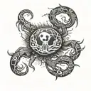 a broken full moon merged with a Yin Yang symbol, a crab fighting two snakes with exposed bones,  waves below.  tattoo design idea