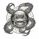 a broken full moon merged with a Yin Yang symbol, a crab fighting two snakes with exposed bones,  waves below.  tattoo design idea