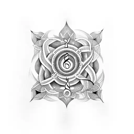 Sanskrit mantra intertwined with musical notes tattoo design idea