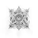 Sanskrit mantra intertwined with musical notes tattoo design idea