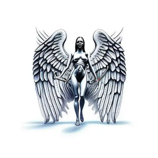 angel de cuerpo entero con las puntas de ala de demonio saliendo de las tinieblas tattoo design idea
