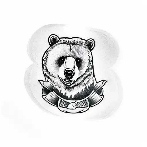 A black and grey tattoo of a bear holding a Bobwhite bird in its paw, with a catholic cross in the background tattoo design idea