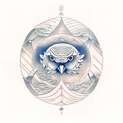 A detailed tattoo of an eagle and owl in a yin and yang style, with a background of hiking trails and camping tents tattoo design idea