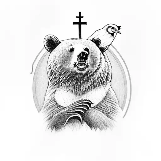A black and grey tattoo of a bear holding a Bobwhite bird in its paw, with a catholic cross in the background tattoo design idea