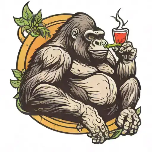 Gorilla smoking weed while sitting on a crescent moon tattoo design idea