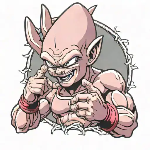 Kid buu from dragon ball z holding up a middle finger. tattoo design idea