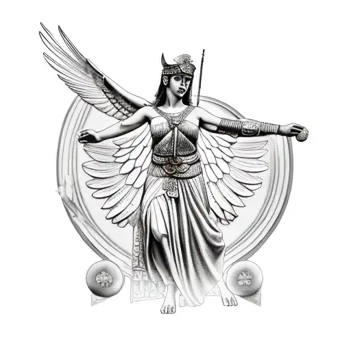 Greek goddess athena wearing godly robes and her healm getting ready for battle with her owl nearby tattoo design idea
