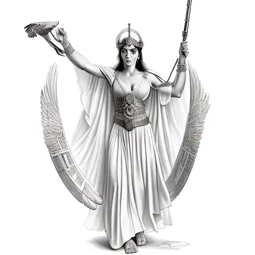Greek goddess athena wearing godly robes and her healm getting ready for battle with her owl nearby tattoo design idea