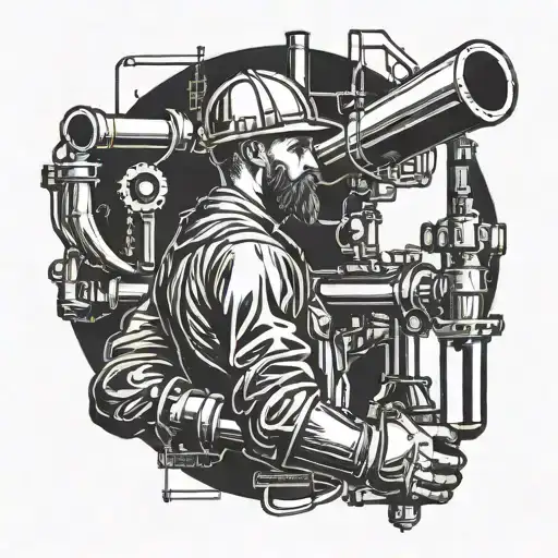 Incorporate the silhouette of a pipe fitter at work into a larger industrial-themed sleeve tattoo tattoo design idea