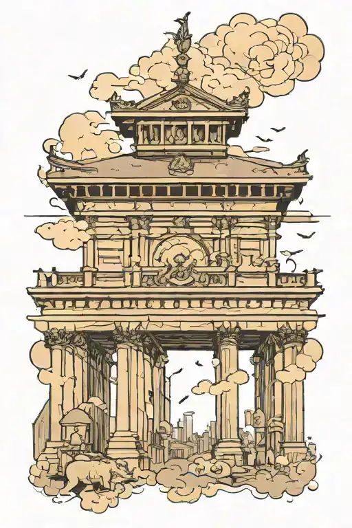 skyline of Brandenburg gate, Tokyo Tower, big ben, and cubs stadium tattoo design idea