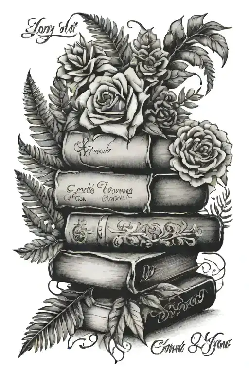 2 or 3 books, floral, ferns, words "and if you go, I wanna go with you" tattoo design idea