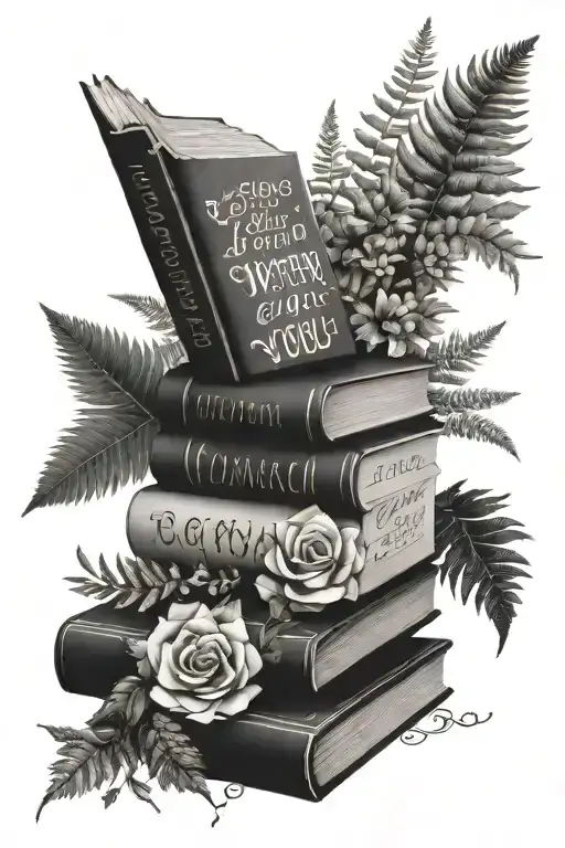 books, floral, ferns, words "and if you go, i wanna go with you tattoo design idea