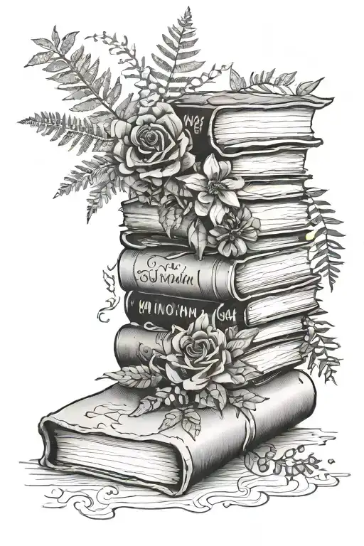 books,  flowers, ferns, words "and if you go, I wanna go with you" tattoo design idea