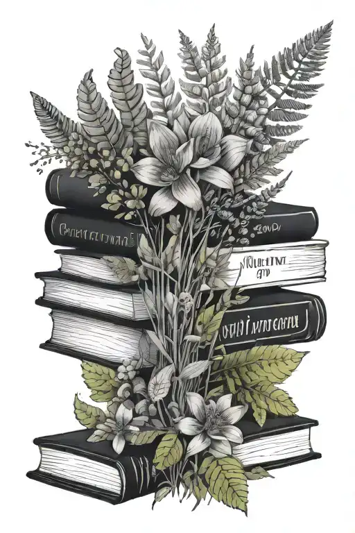 books, wildflowers, ferns, words "and if you go, I wanna go with you" tattoo design idea