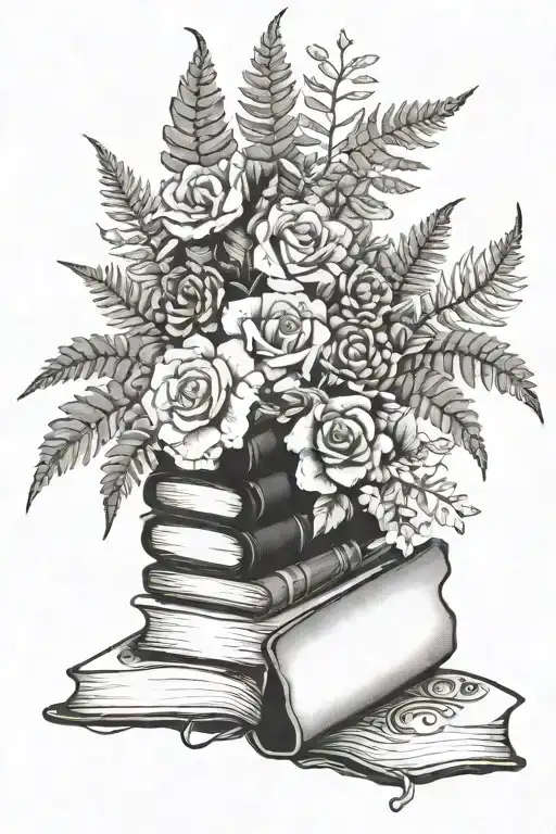 books, floral, ferns, words "and if you go, I wanna go with you" tattoo design idea