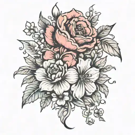 birth flower boutique with January, February, March, May and July flowers tattoo design idea