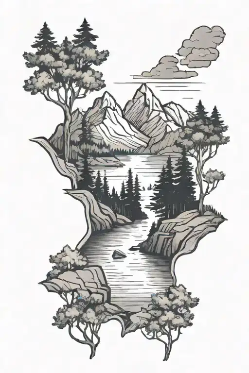 Mountains and river with evergreen trees tattoo design idea