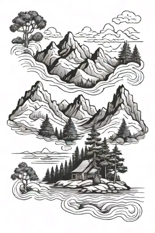 Mountains and river with evergreen trees tattoo design idea