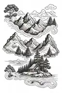 Mountains and river with evergreen trees tattoo design idea