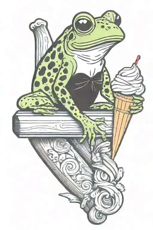 Frog sitting on a wooden plank eating a soft serve ice cream cone tattoo design idea