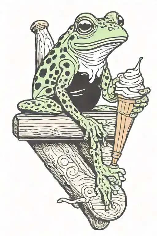 Frog sitting on a wooden plank eating a soft serve ice cream cone tattoo design idea