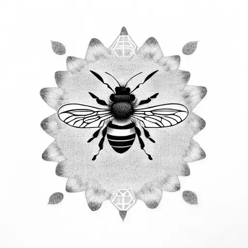 A dotwork tattoo of a Manchester bee sitting on a vinyl record with a camera shutter in the background tattoo design idea