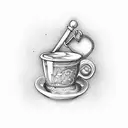 A coffee cup with a gavel handle tattoo design idea