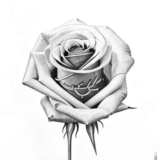 a hand holding a rose wrapped in barbed wire tattoo design idea